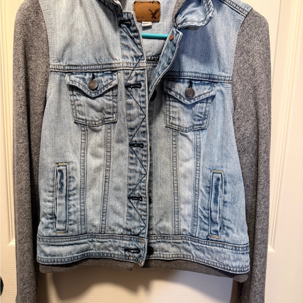 American Eagle Denim and Gray knit sleeves Jean Jacket hoodie